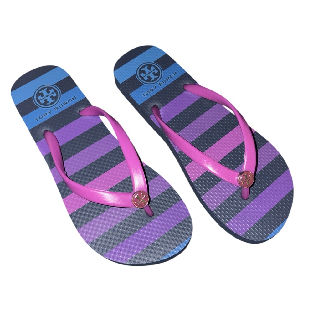 Tory Burch Pink and Purple Striped Flip Flops